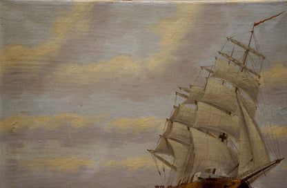 Oil painting of tall multi-masted sailing ship at sea by H.Attmann