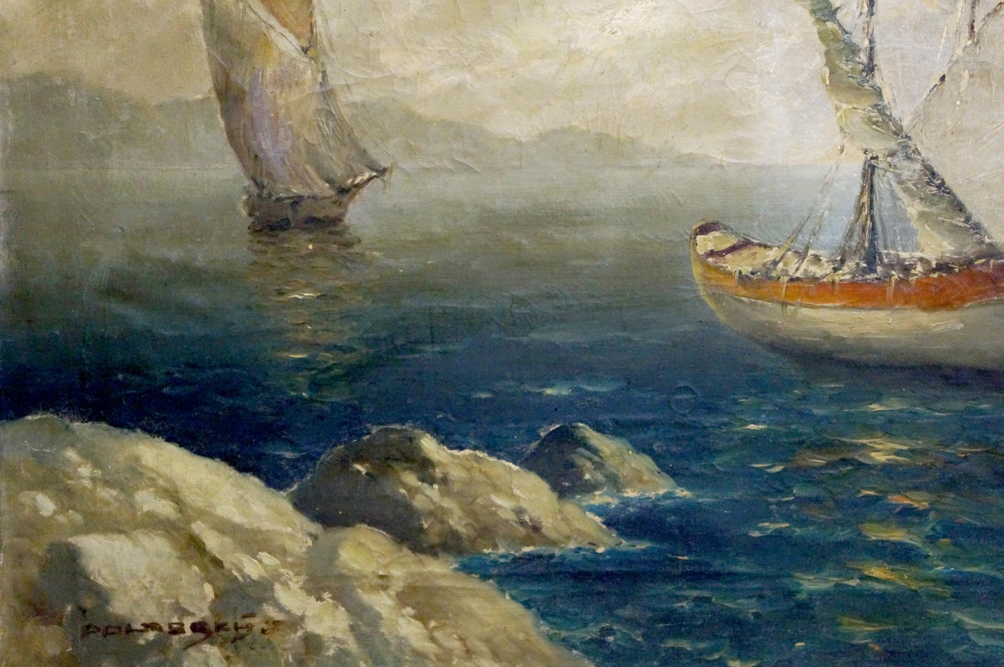 Oil painting of small sailboat with orange white hull on deep blue sea by rocky shores Polarsky