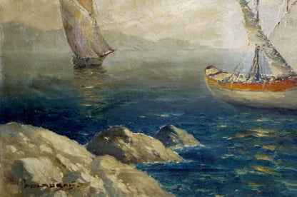 Oil painting of small sailboat with orange white hull on deep blue sea by rocky shores Polarsky