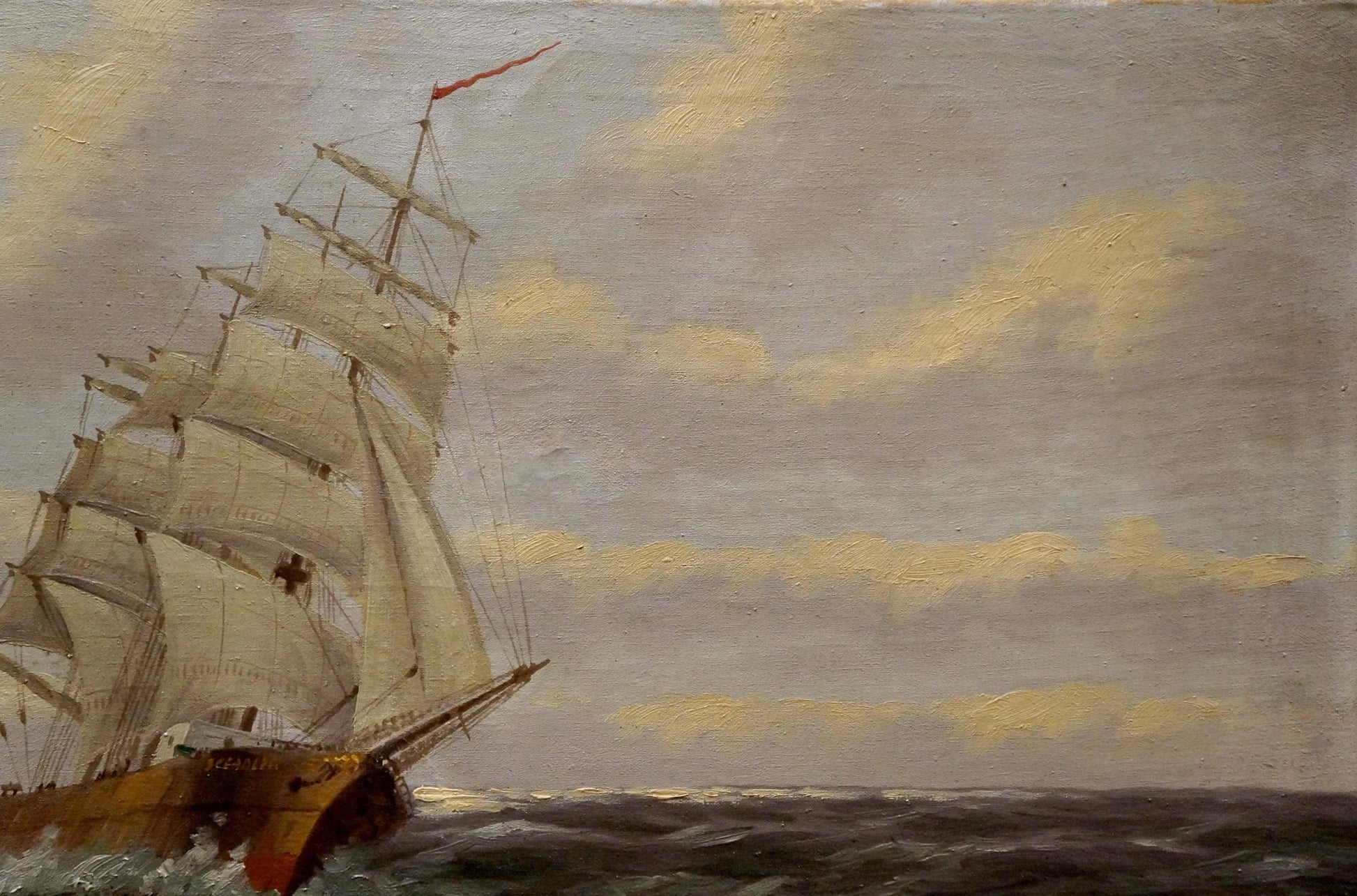 Oil painting of majestic three-masted ship at sea by H. Attmann