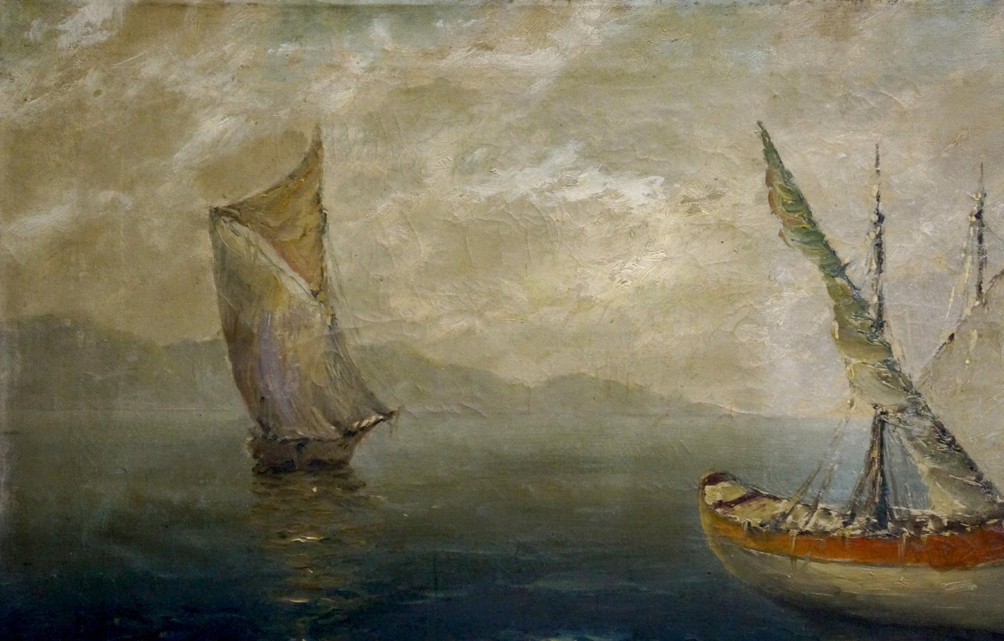 Vintage oil painting of Polarsky ships at sea on calm waters
