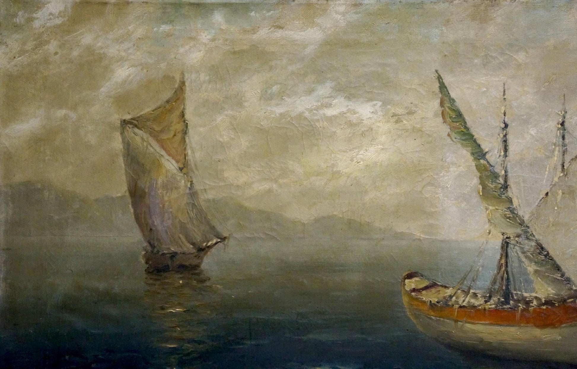 Vintage oil painting of Polarsky ships at sea on calm waters