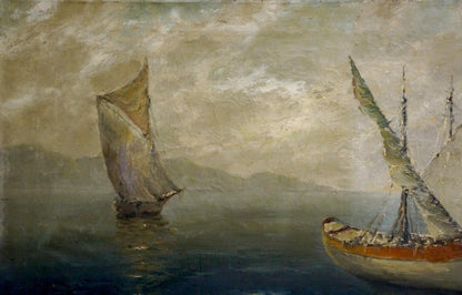 Vintage oil painting of Polarsky ships at sea on calm waters