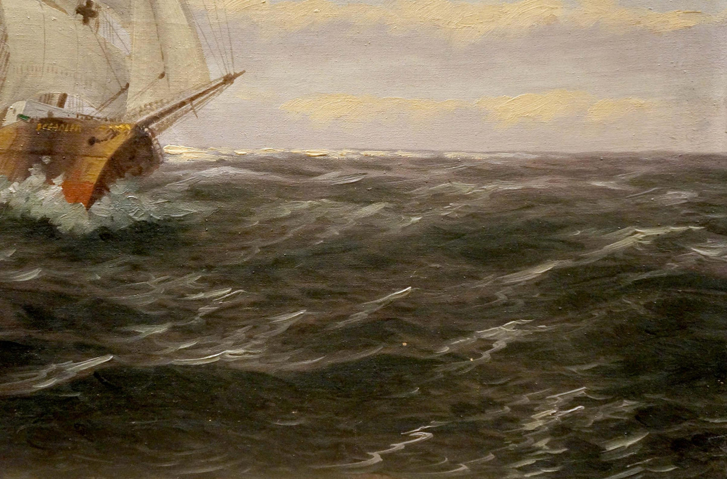 Oil painting of vintage ship at sea by H.Attmann, brown hull white sails