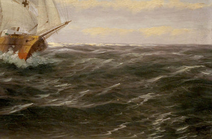 Oil painting of vintage ship at sea by H.Attmann, brown hull white sails