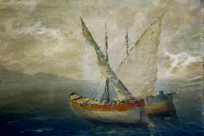 Vintage oil painting of Polarsky ships at sea with cream sails on blue waters