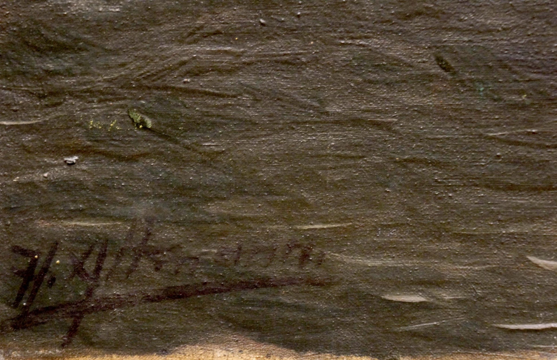 Oil painting Ship at Sea by H. Attmann on dark brown textured canvas