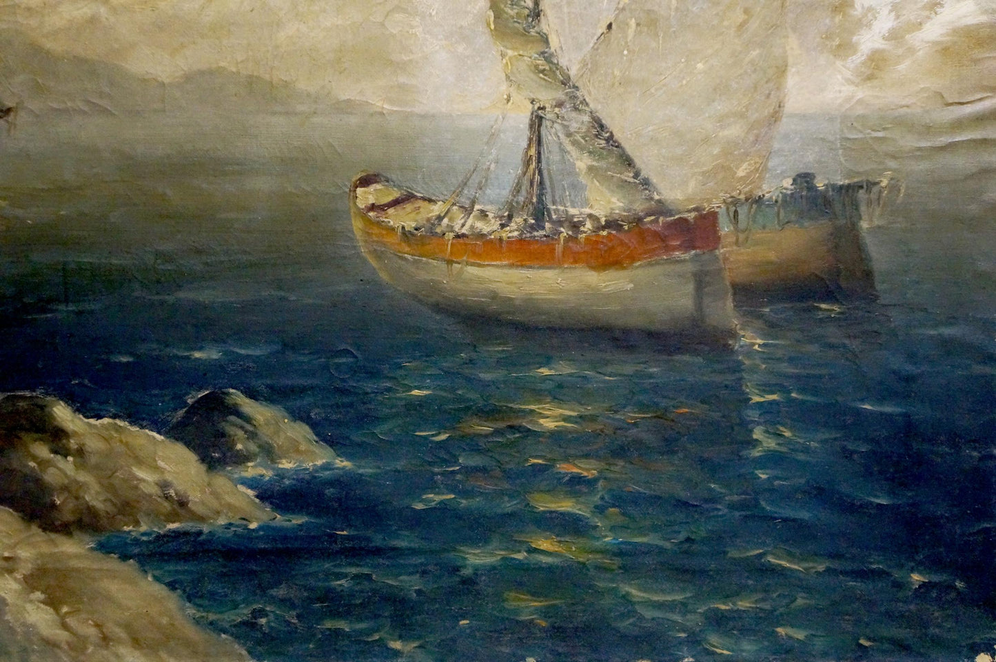 Oil painting of Polarsky ships at sea: wooden sailboat with white hull, orange trim, tall sails in textured seascape
