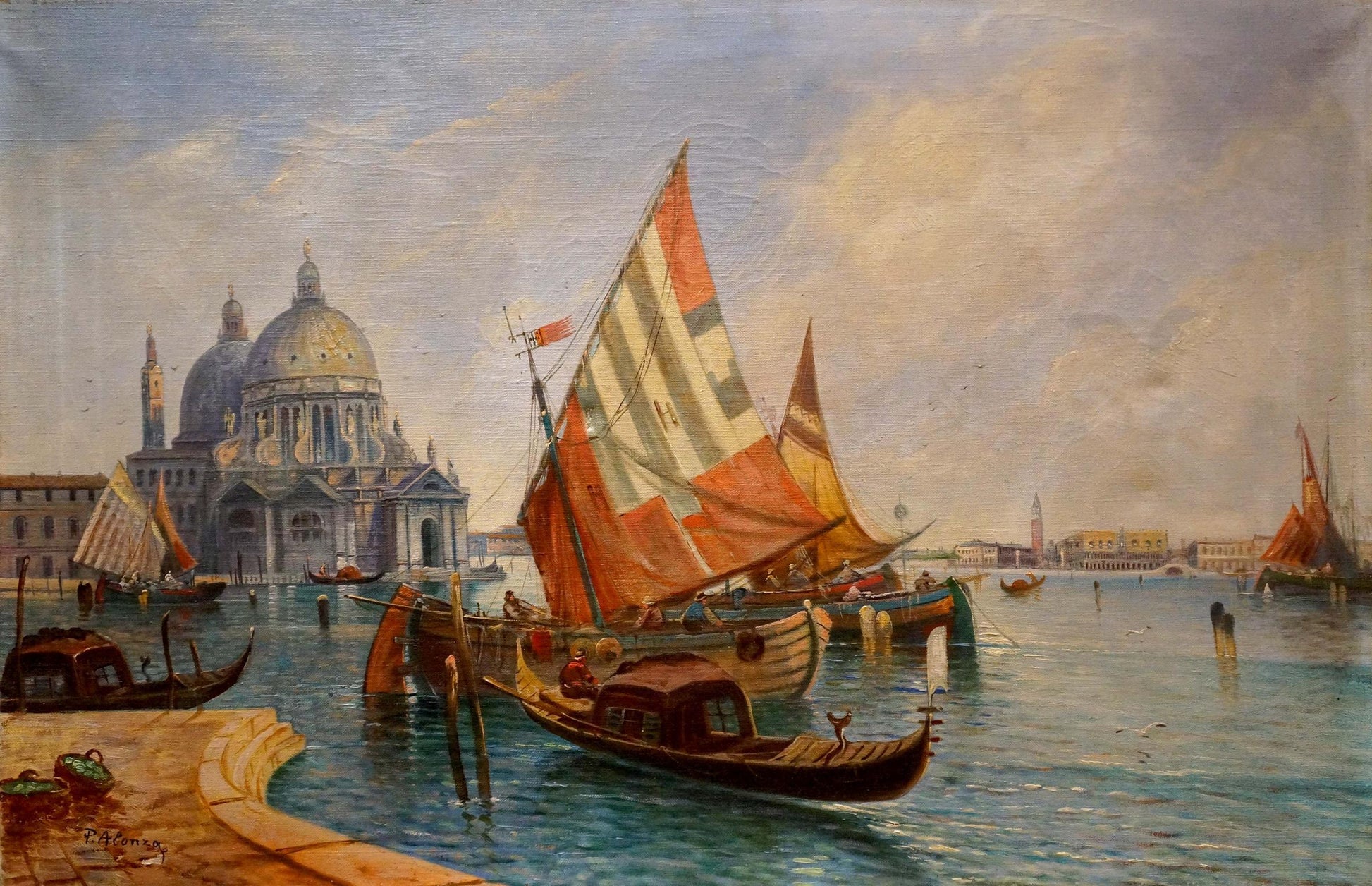 Oil painting The ships are back P. Alonza: orange white striped sailboat in Venetian canal