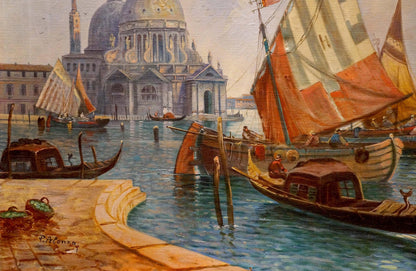 Vibrant oil painting of Venetian canal with gondolas by P. Alonza, The ships are back