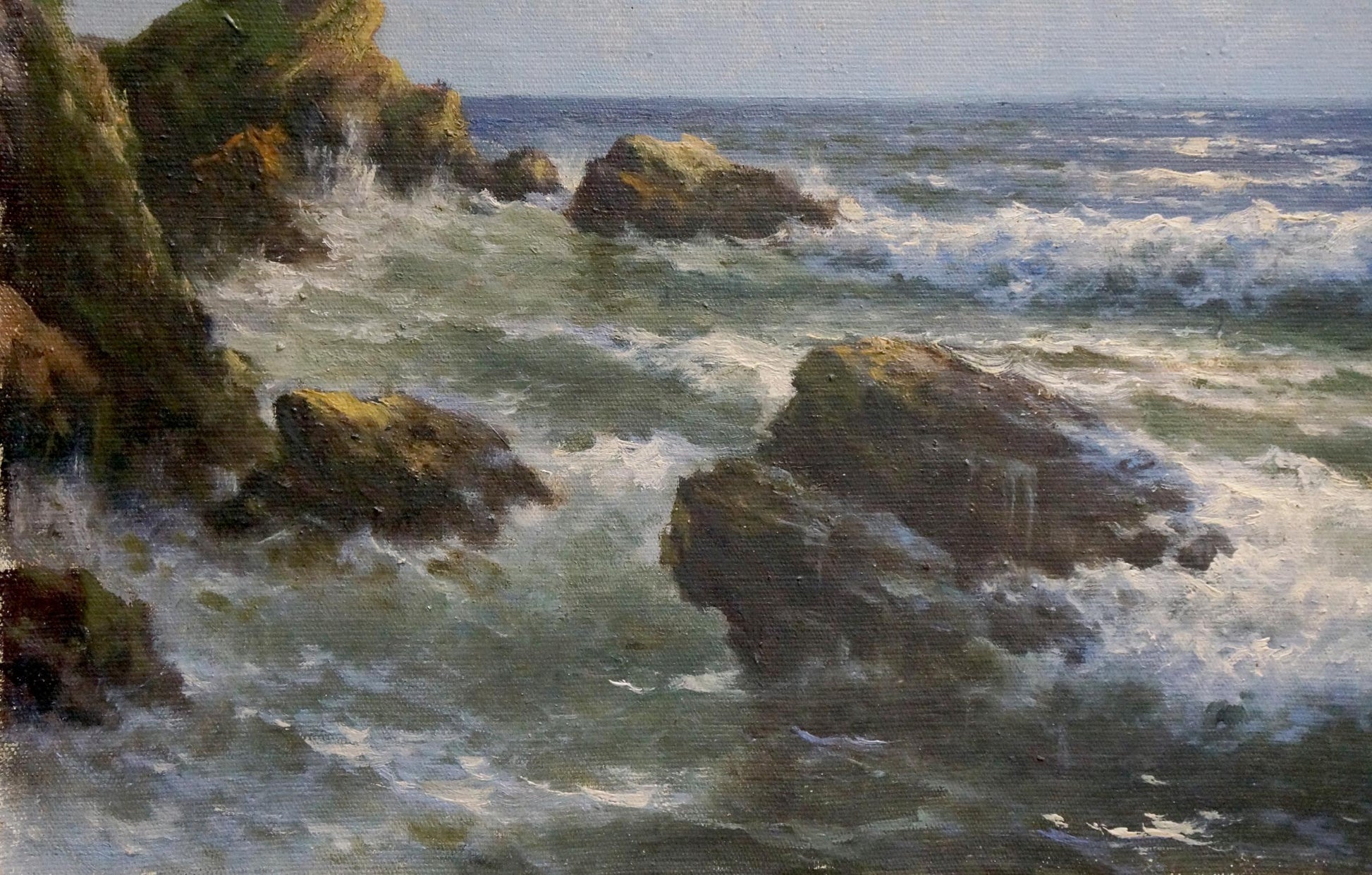 Oil painting Seascape Titov D.V. rugged mossy rocks and crashing waves