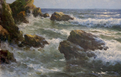 Oil painting Seascape Titov D.V. rugged mossy rocks and crashing waves
