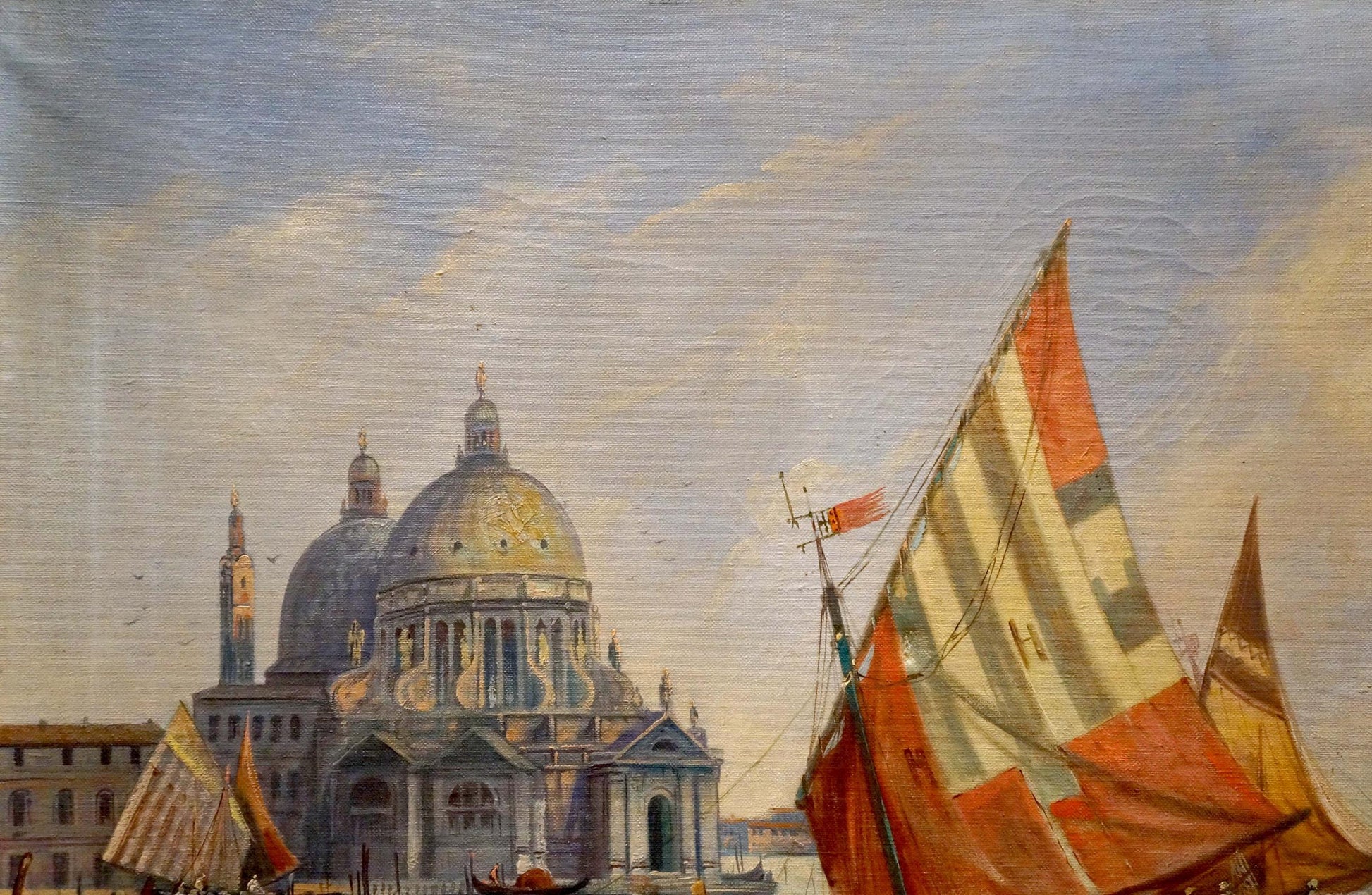 Vibrant red and white striped sailboat with flag before grand domed cathedral, P. Alonza oil painting