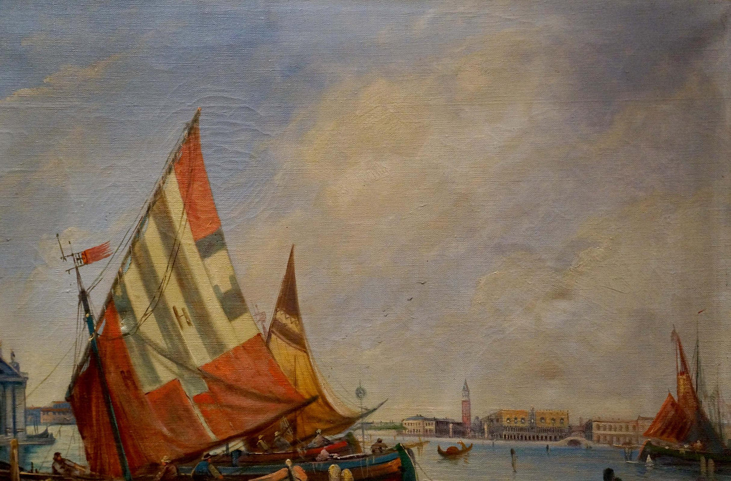 Vibrant red cream striped sailboat oil painting The ships are back P. Alonza