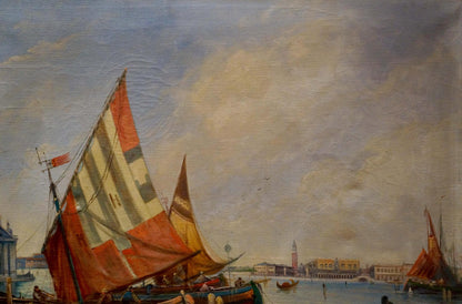 Vibrant red cream striped sailboat oil painting The ships are back P. Alonza