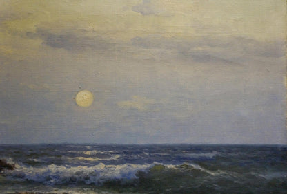 Oil painting Seascape Titov D.V.: pale yellow moon over dark ocean waves