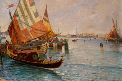 Oil painting by P. Alonza: wooden gondola with dark brown hull, red canopy gliding