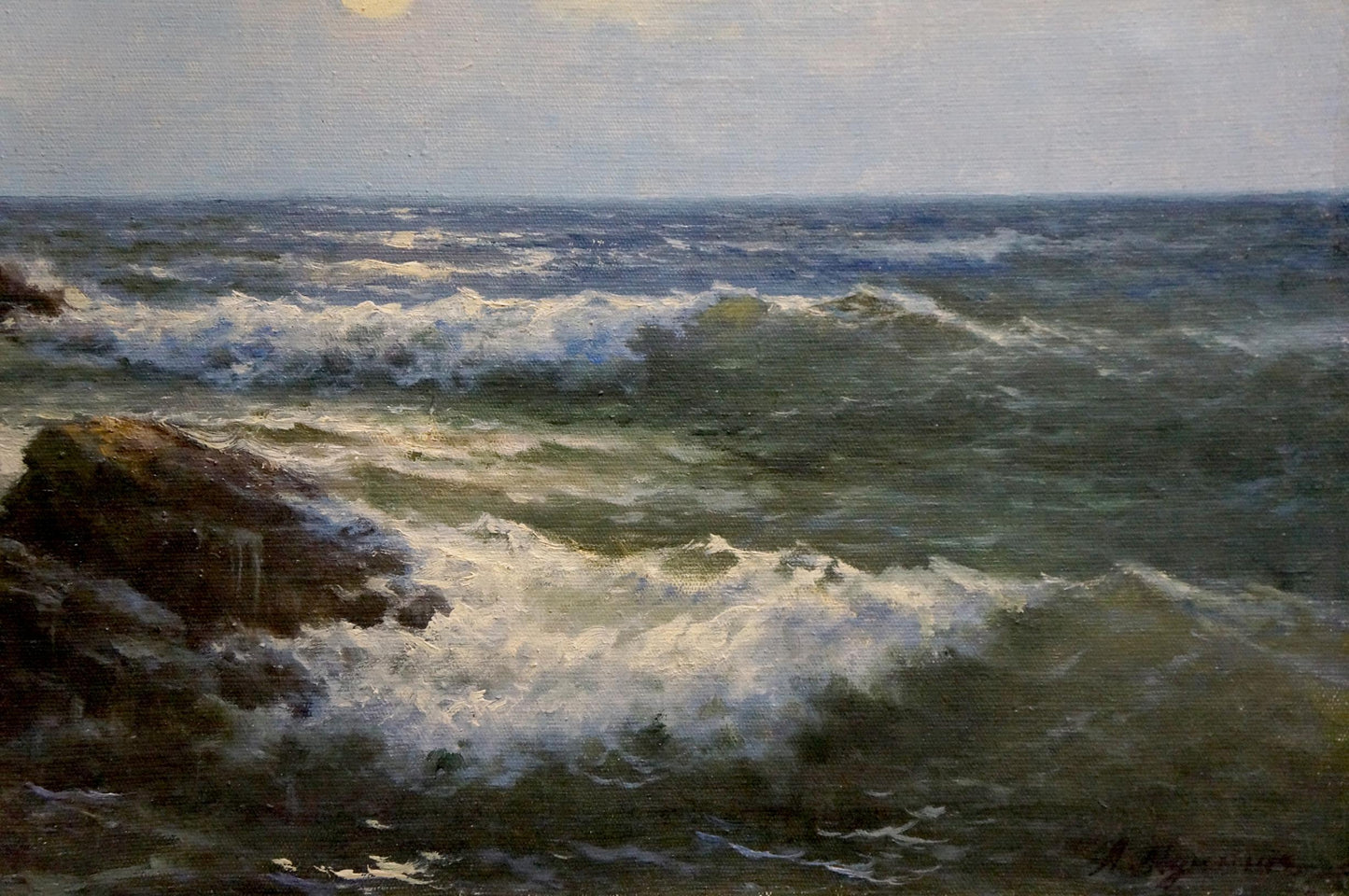 Stormy ocean waves crashing on dark rocks in Titov D.V. seascape oil painting