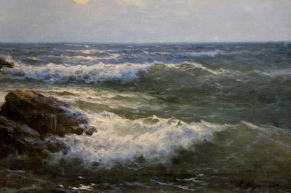 Stormy ocean waves crashing on dark rocks in Titov D.V. seascape oil painting