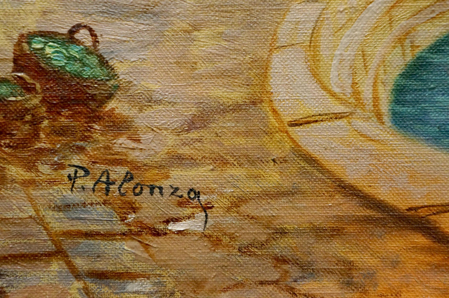 Green textured ceramic pot with dark handle on warm painted surface, Oil painting The ships are back P. Alonza