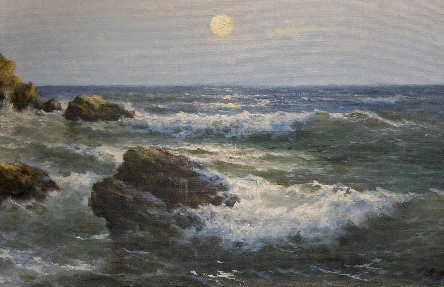 Oil painting Seascape Titov D.V.: impressionistic moonlit waves on rocks