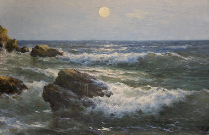 Oil painting Seascape Titov D.V.: impressionistic moonlit waves on rocks