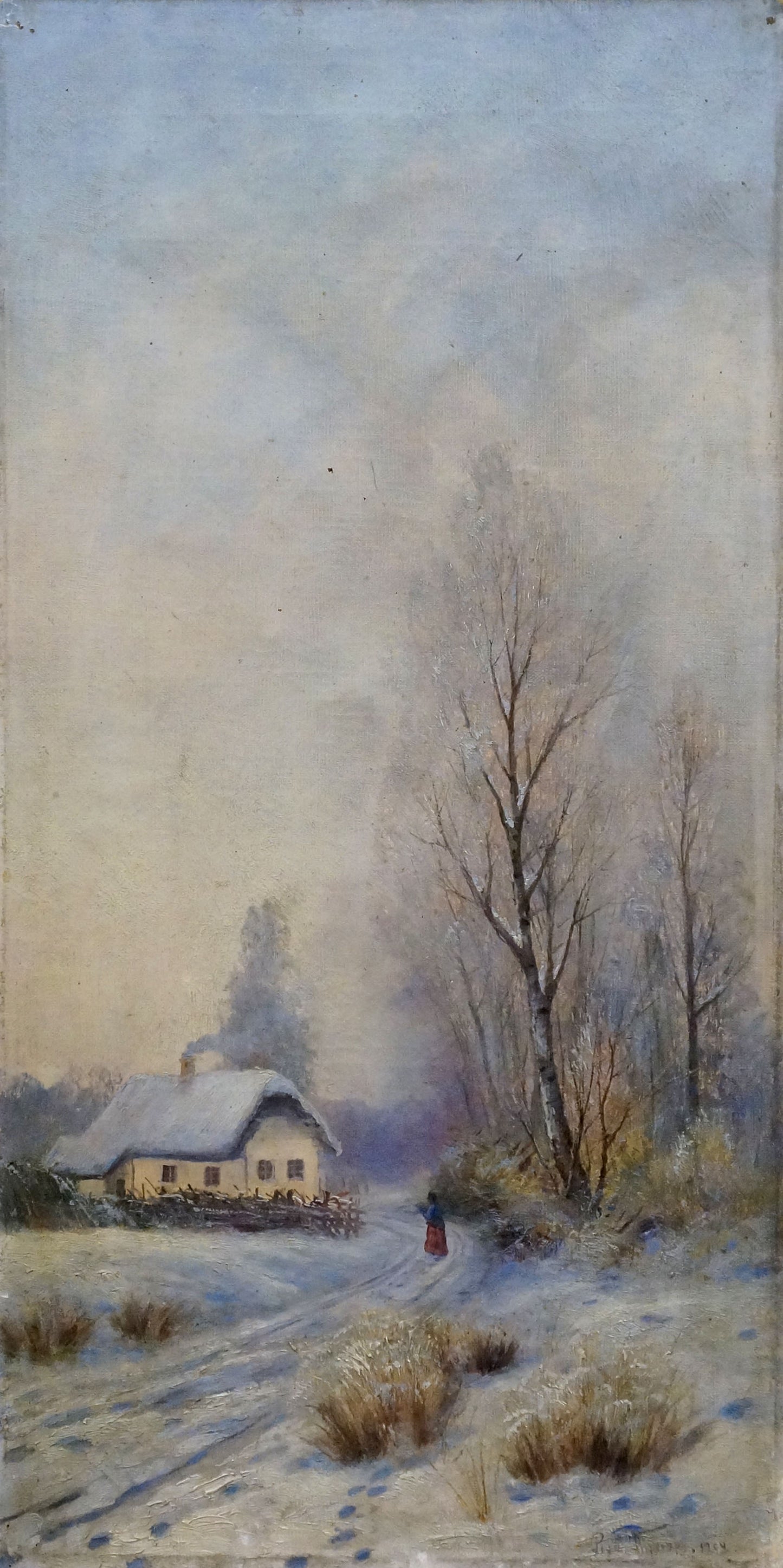 Oil painting of serene snow-covered cottage in winter landscape by unknown artist