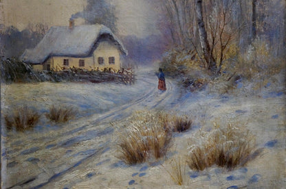 Oil painting of cozy yellow cottage in snowy winter landscape