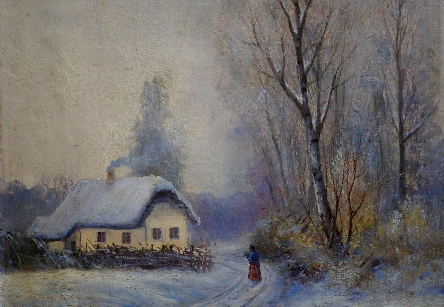 Oil painting of cozy snow-covered cottage in winter nature by unknown artist