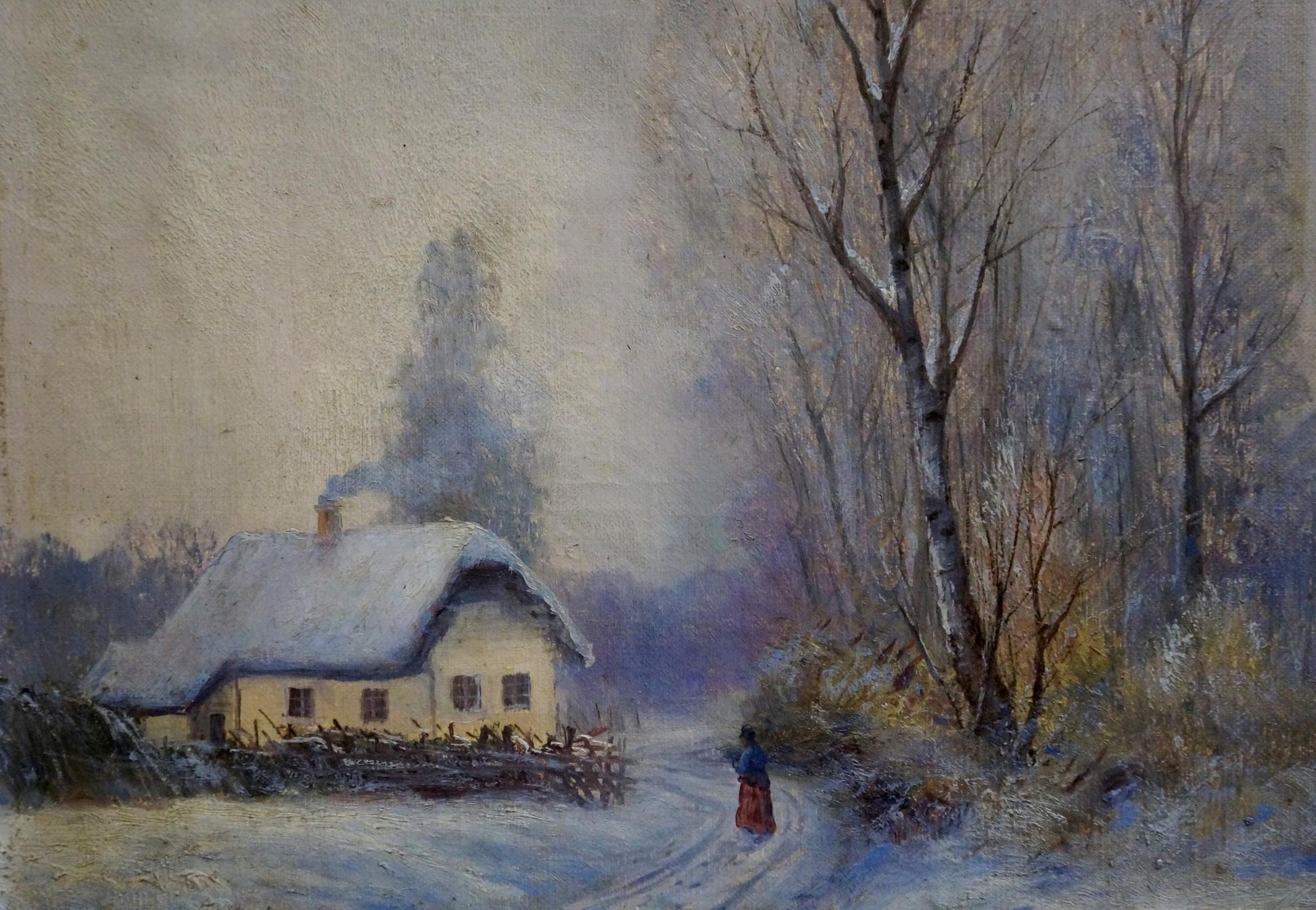Oil painting of cozy snow-covered cottage in winter nature by unknown artist