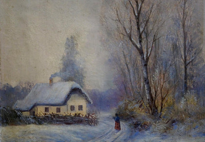 Oil painting of cozy snow-covered cottage in winter nature by unknown artist
