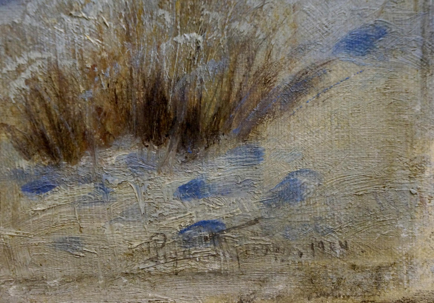 Oil painting of tall dry grasses in winter field by unknown artist