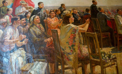 Oil painting by Petr Kuzmich Stolyarenko of rally crowd in period attire