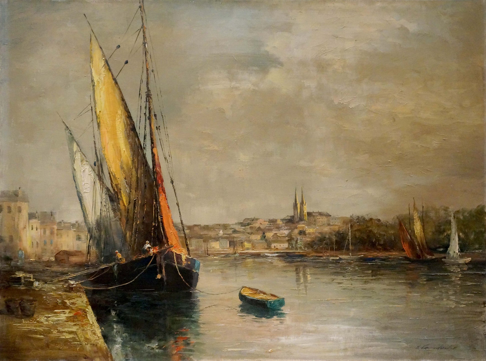 Oil painting Shipment by Curt A. Landwehr: tall sailing vessel in harbor