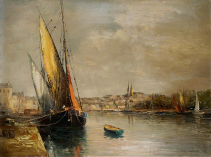Oil painting Shipment by Curt A. Landwehr: tall sailing vessel in harbor