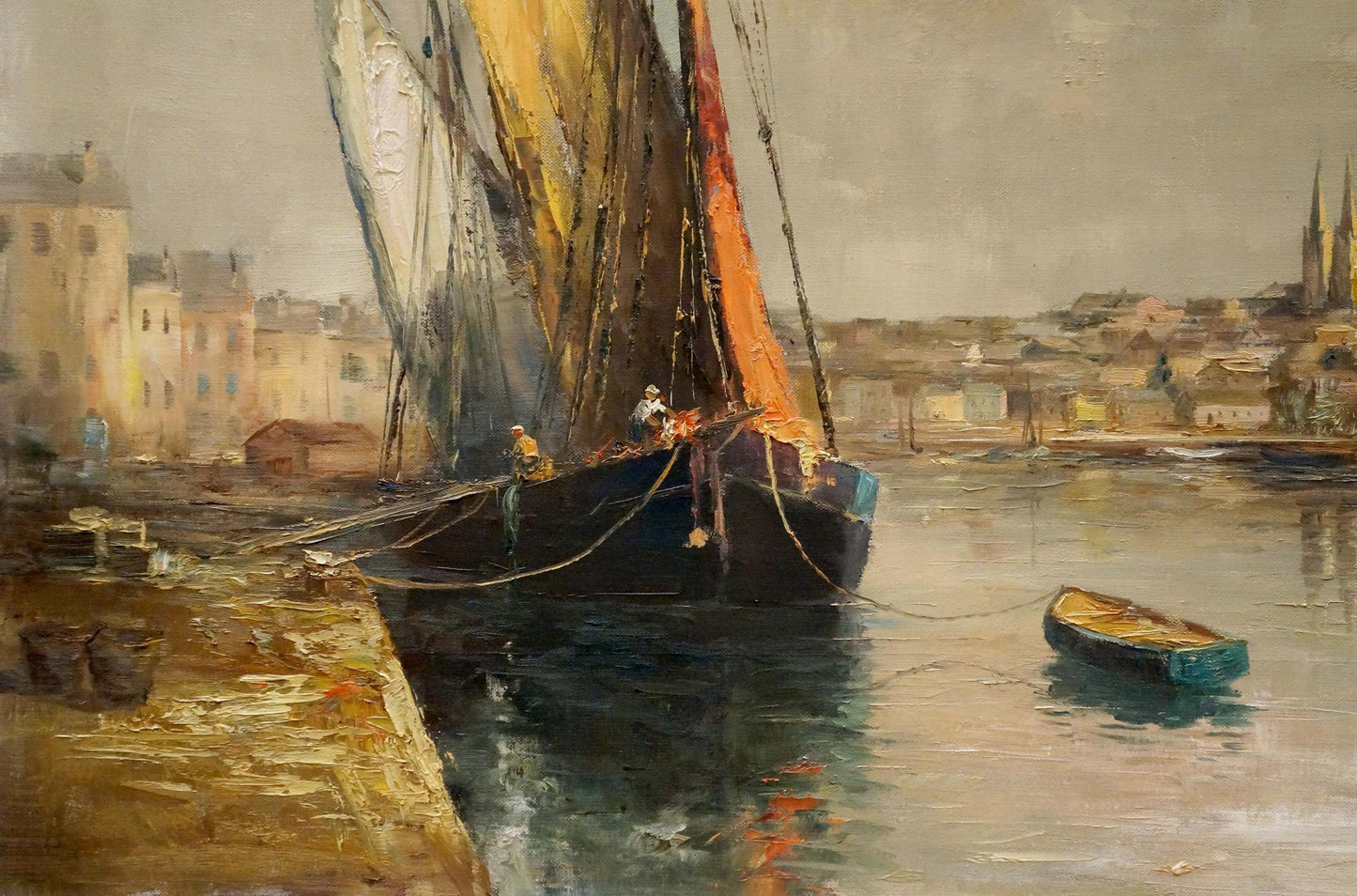 Oil painting by Curt A. Landwehr: sailing ship with orange sails at quay