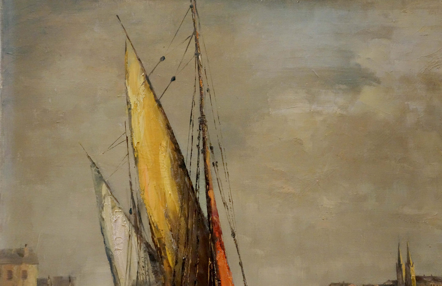 Oil painting by Curt A. Landwehr: tall sailboat with yellow orange sail under gray sky
