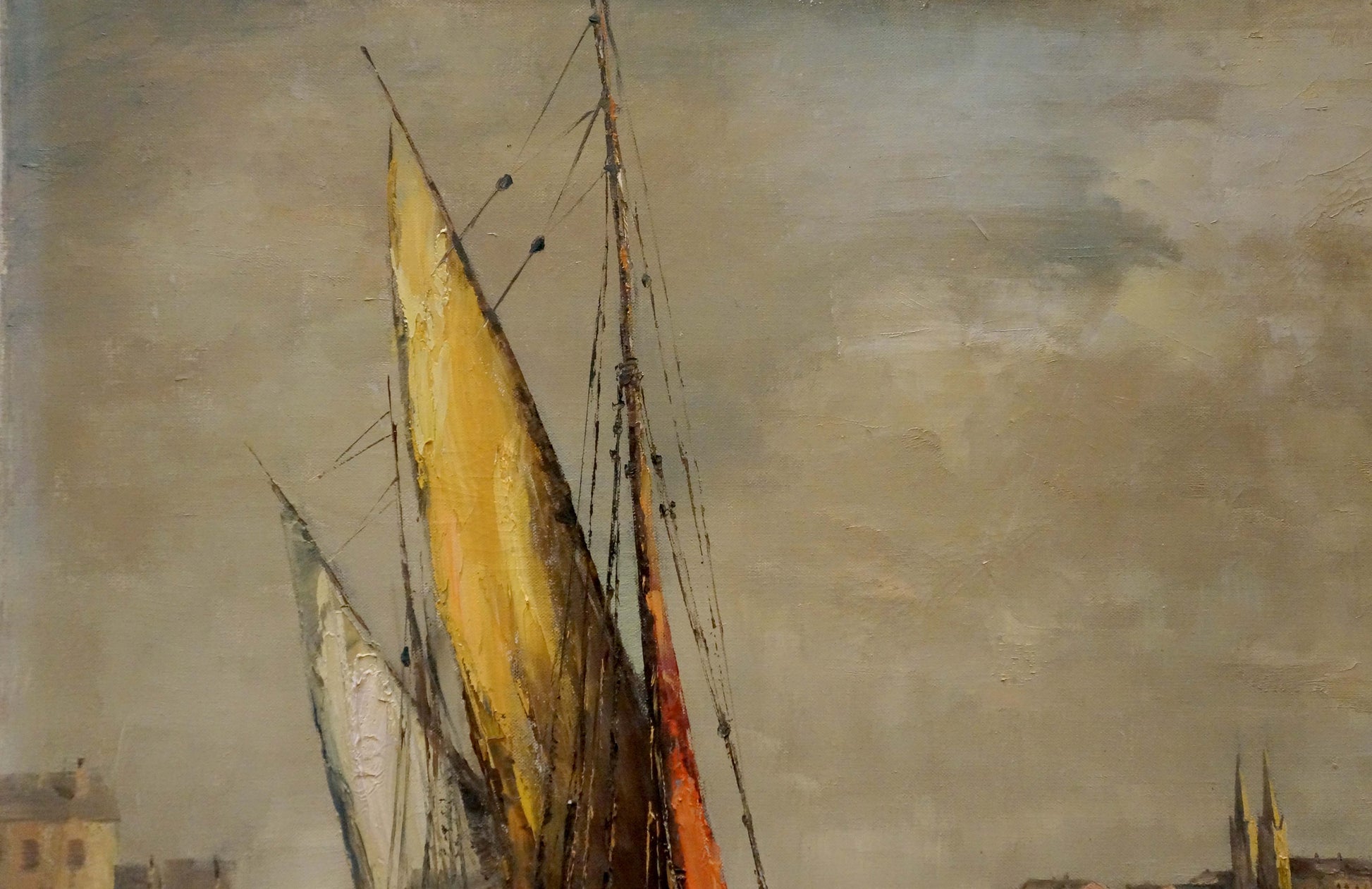 Oil painting by Curt A. Landwehr: tall sailboat with yellow orange sail under gray sky