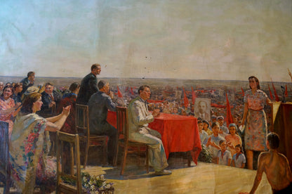 Oil painting by Petr Kuzmich Stolyarenko: vibrant red tablecloth on wooden table at rally gathering