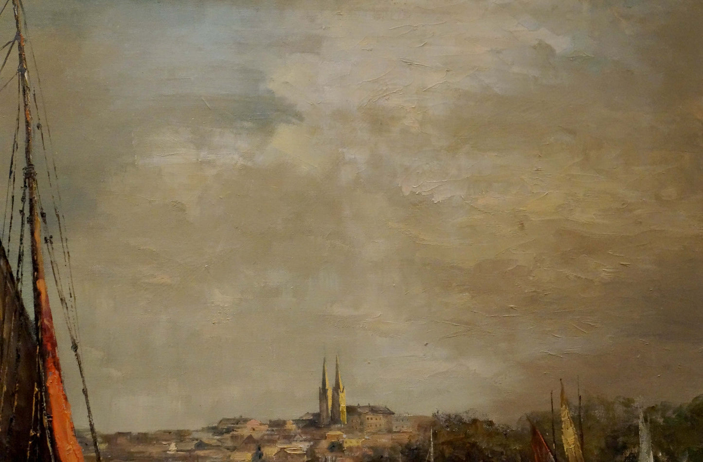 Vintage oil painting by Curt A. Landwehr: cityscape with twin spires, ship sail