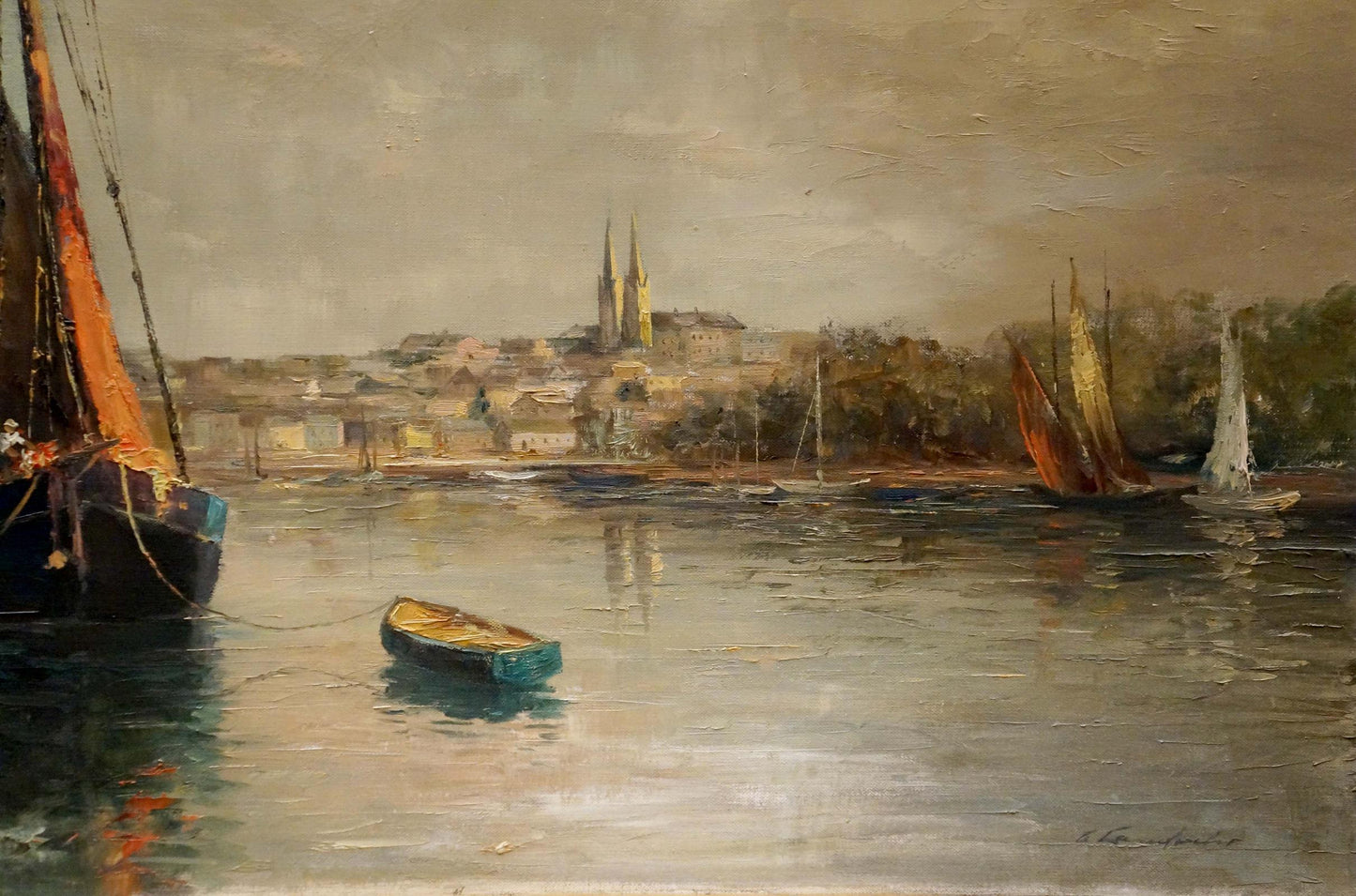 Teal wooden rowboat in harbor oil painting by Curt A. Landwehr