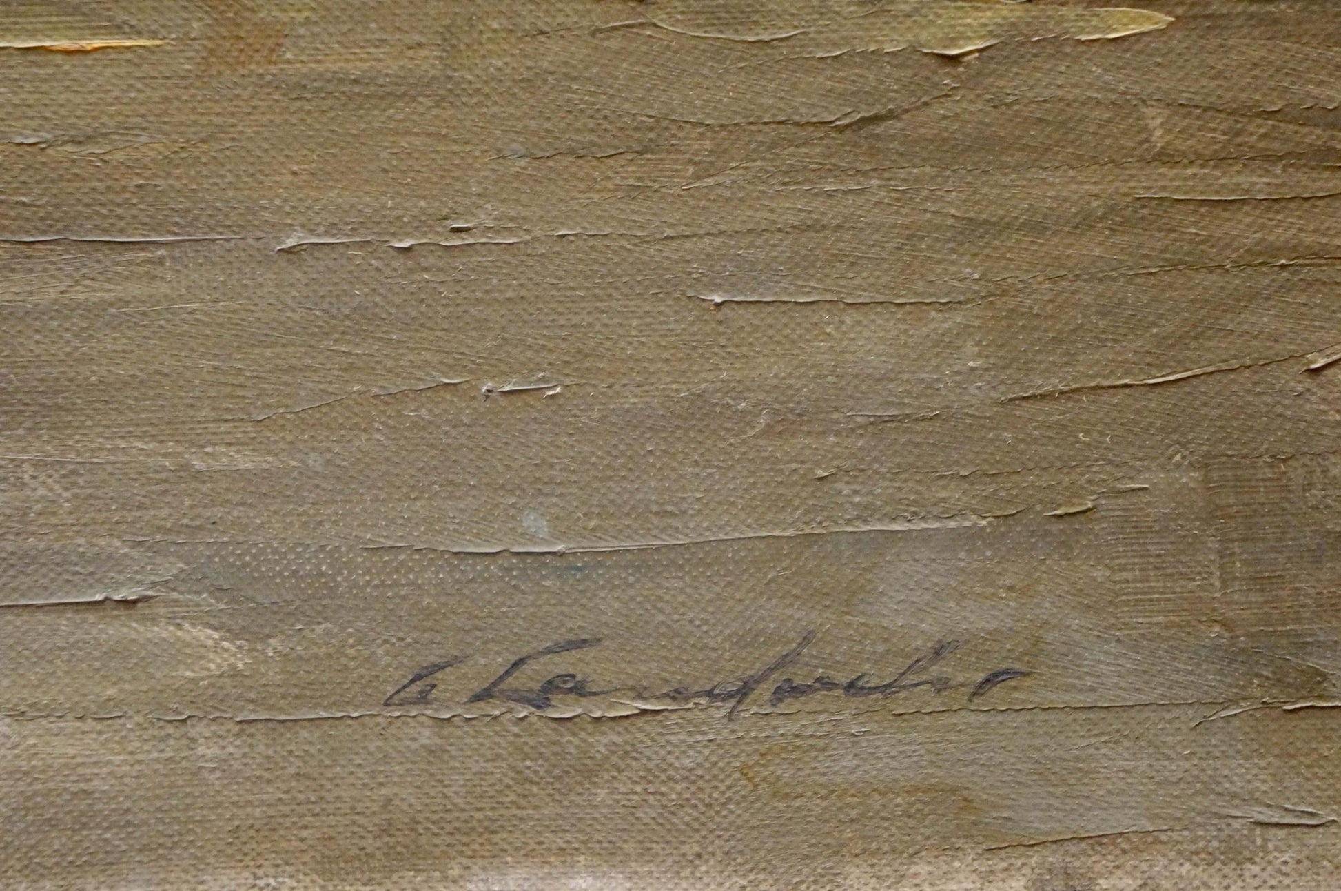 Back of Oil painting Shipment Curt A. Landwehr textured earth-toned canvas with signature
