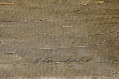 Back of Oil painting Shipment Curt A. Landwehr textured earth-toned canvas with signature