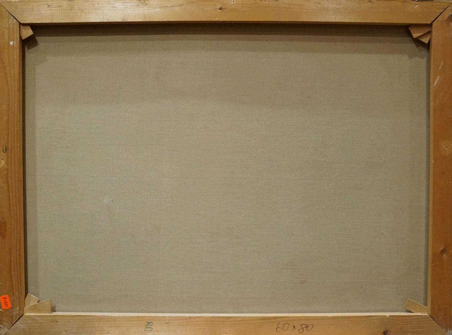 Back of Oil painting Shipment Curt A. Landwehr with beige canvas in wooden frame