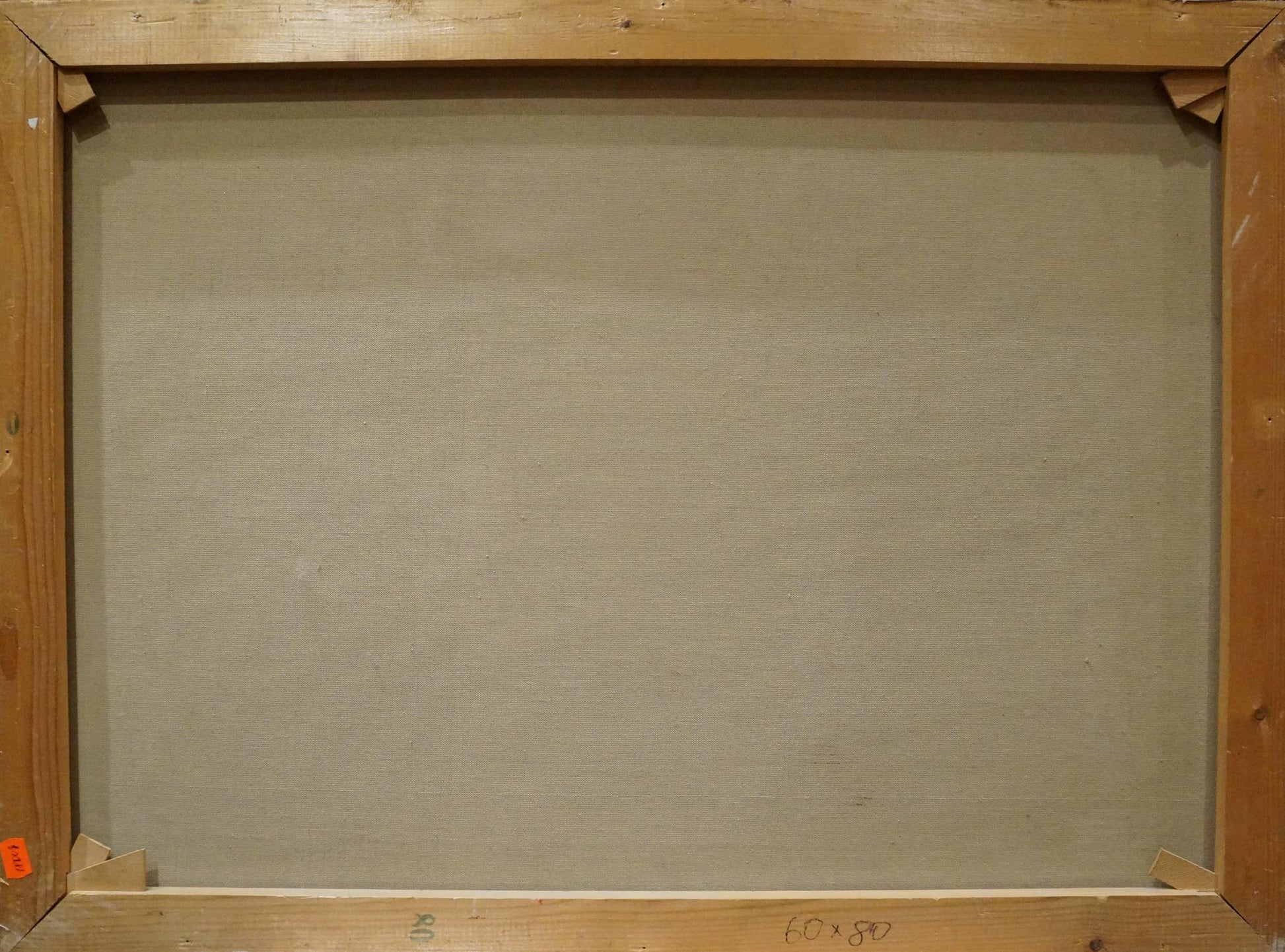 Back of Oil painting Shipment Curt A. Landwehr with beige canvas in wooden frame