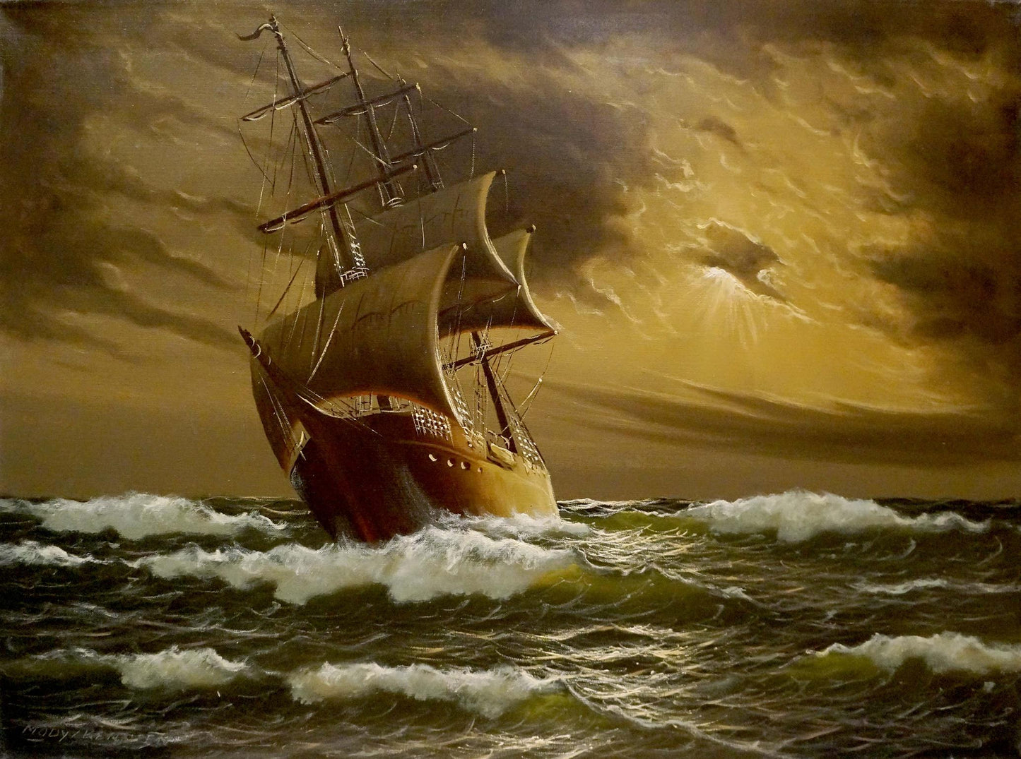 Oil painting Landscape with a ship Mody Kersler