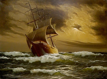Oil painting Landscape with a ship Mody Kersler