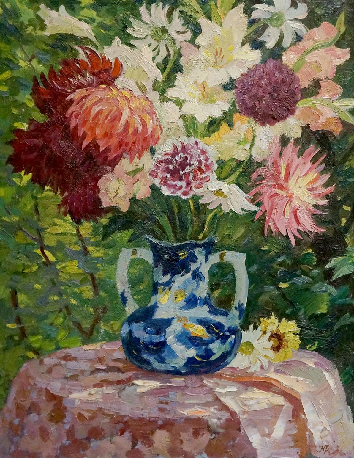 Blue white ceramic vase with handles floral pattern Fastenko Y.I. oil painting