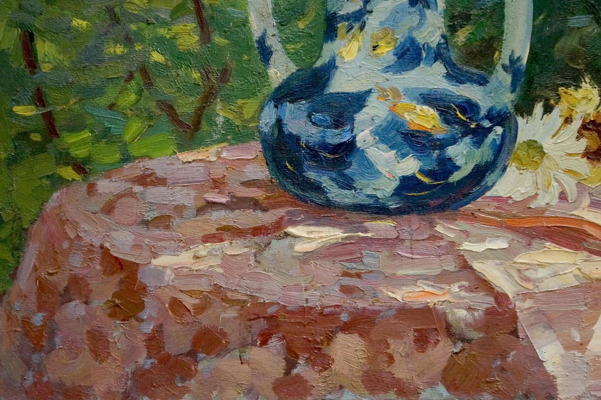 Blue and white floral ceramic pitcher, glossy, inspired by Fastenko Y.I. garden oil painting