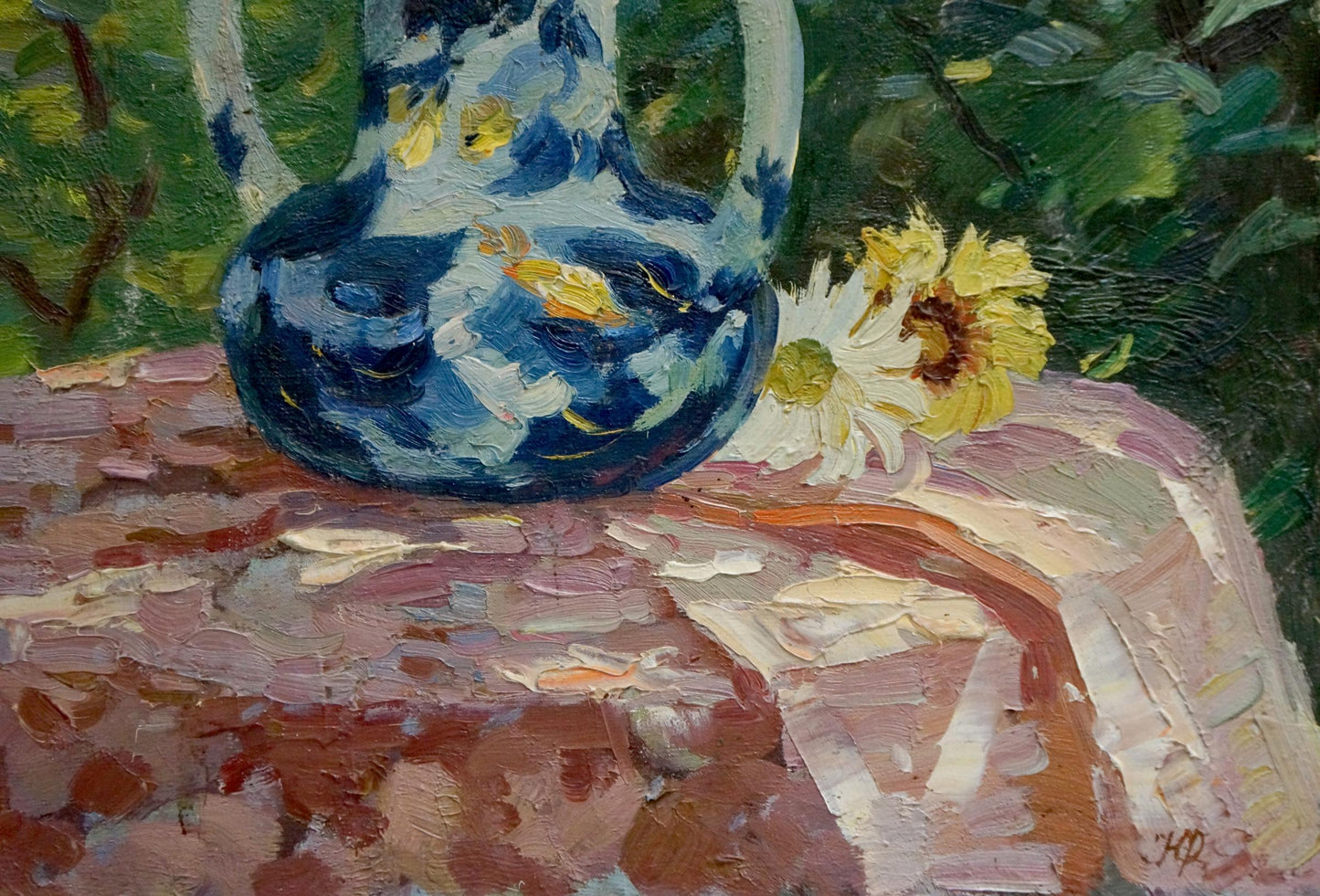 Oil painting Flowers in the garden Fastenko Y.I. blue floral pitcher